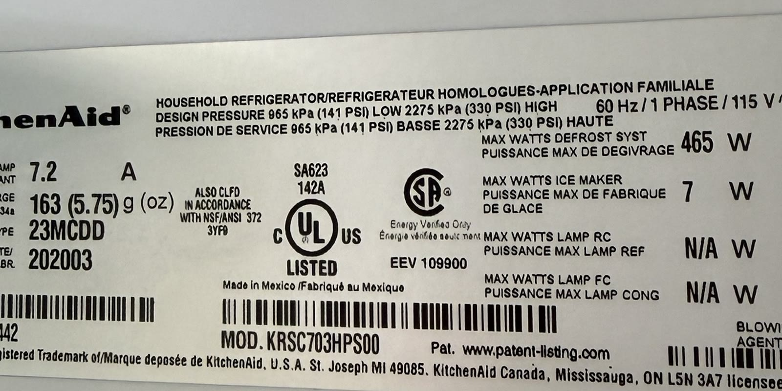 KitchenAid refrigerator model KRSC703HPS00 identification label