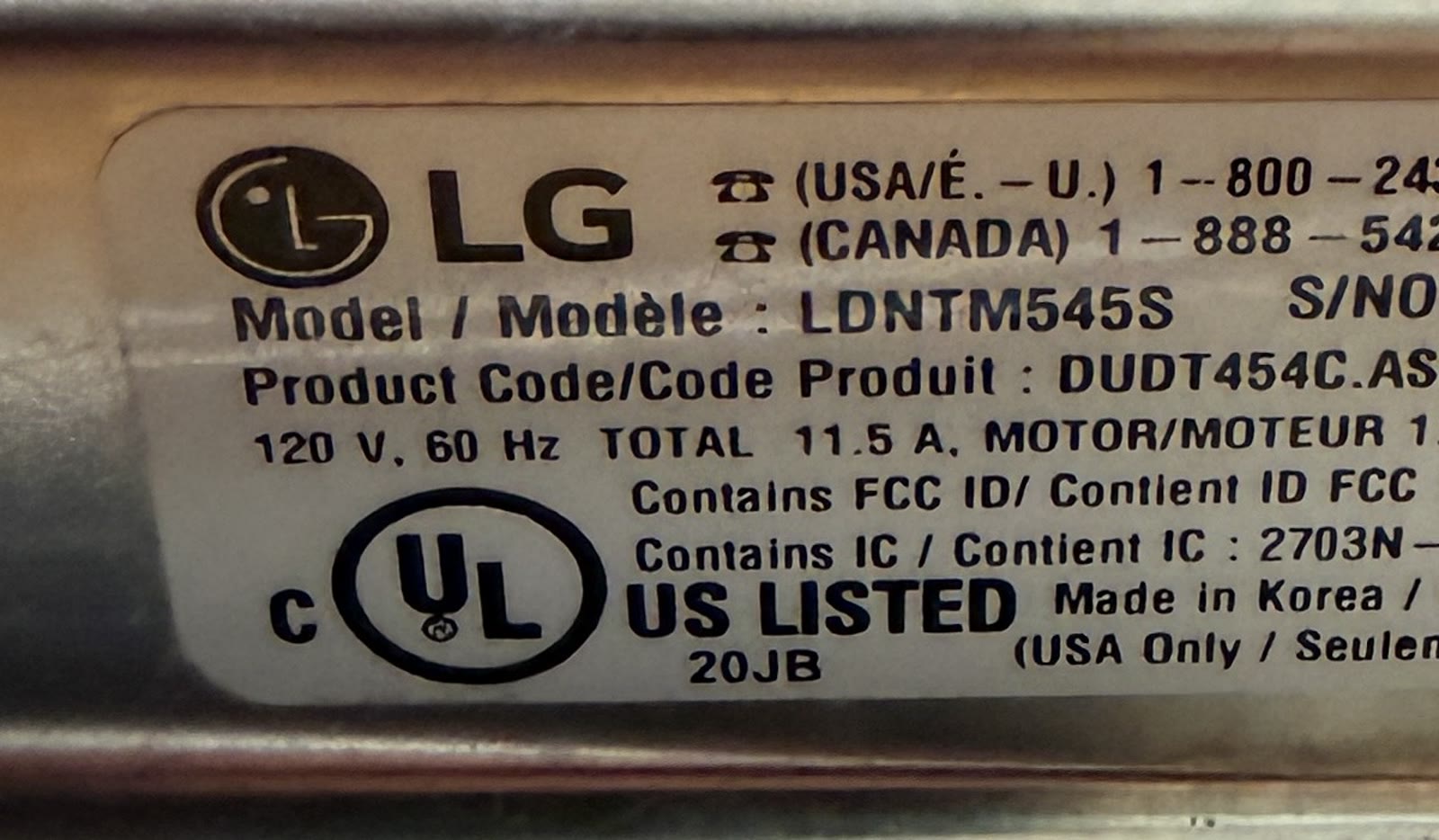 LG dishwasher model LDNTM545S identification label