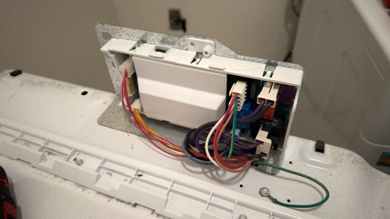 Electronic control board accessed on Whirlpool WED8300SW0 dryer during no-start repair in Alamo California