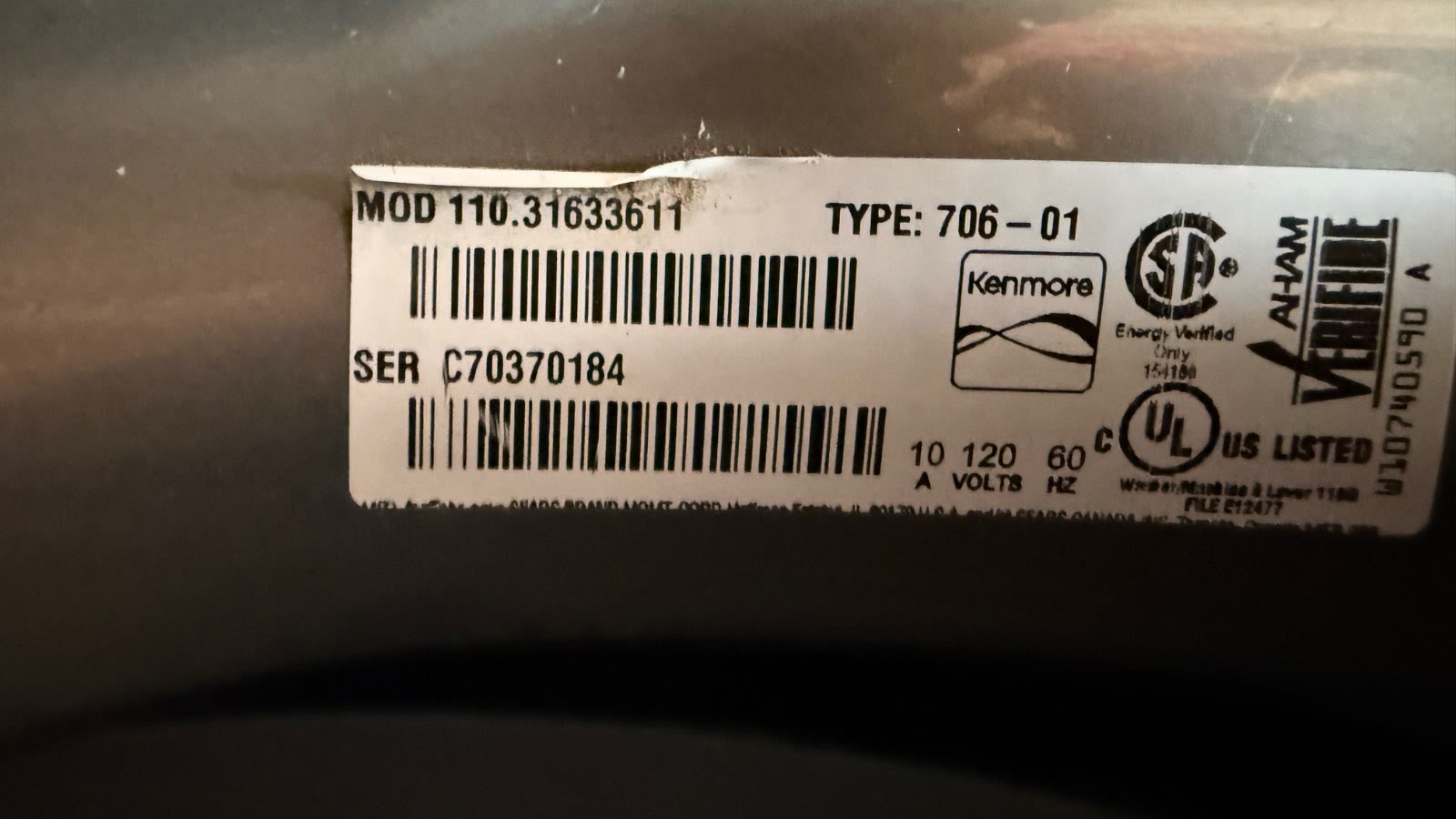 Kenmore washer model 110.31633611 serial C70370184 label