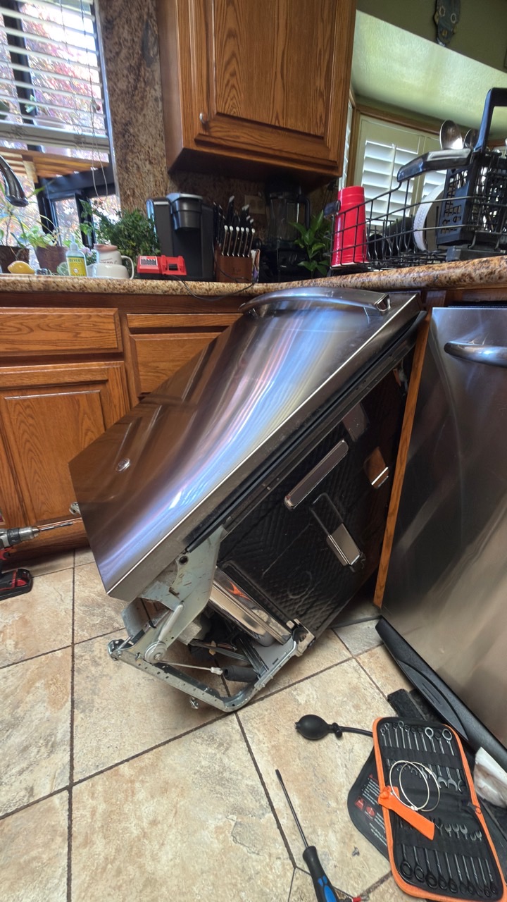 GE dishwasher removed from cabinet for drain pump replacement in Fremont CA