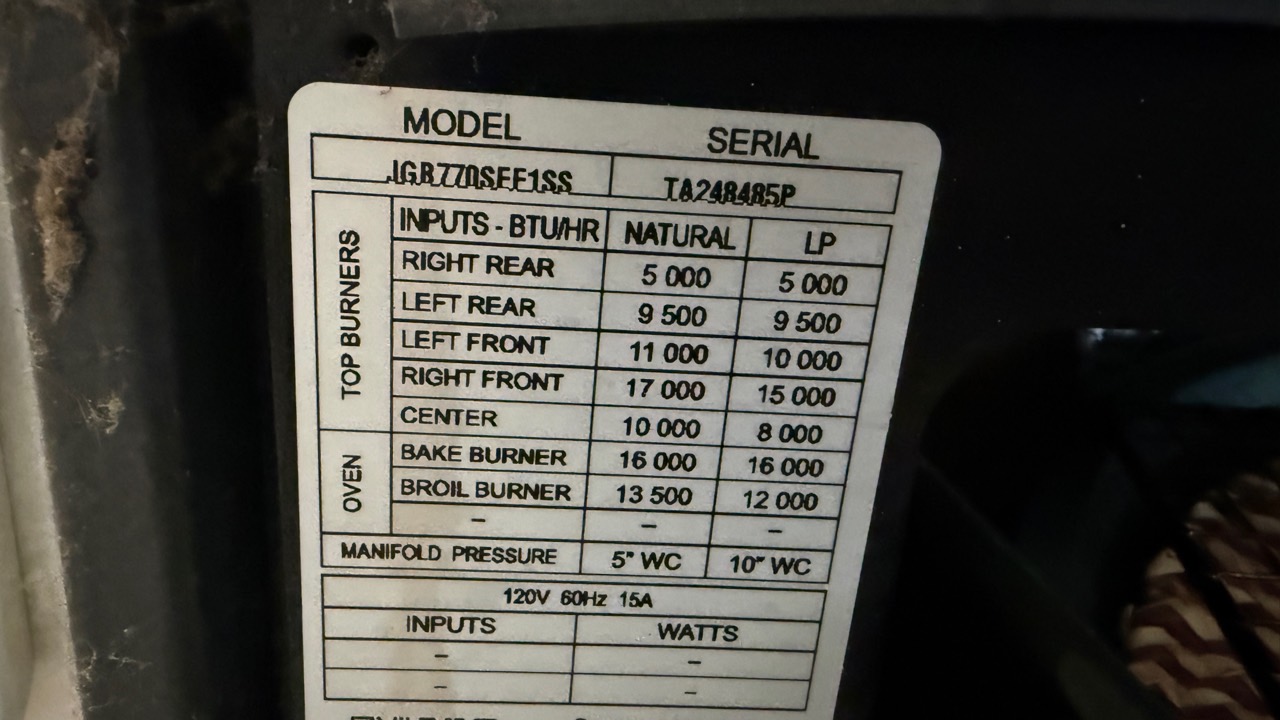 GE gas range model JGB770SEF1SS serial TA248485P label in Livermore CA