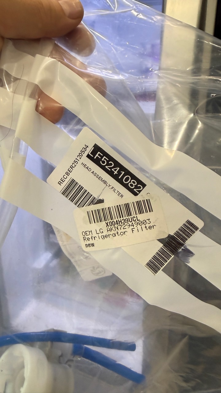 LG filter head part AKN72949003 package label for LFXS26596S refrigerator in Dublin CA