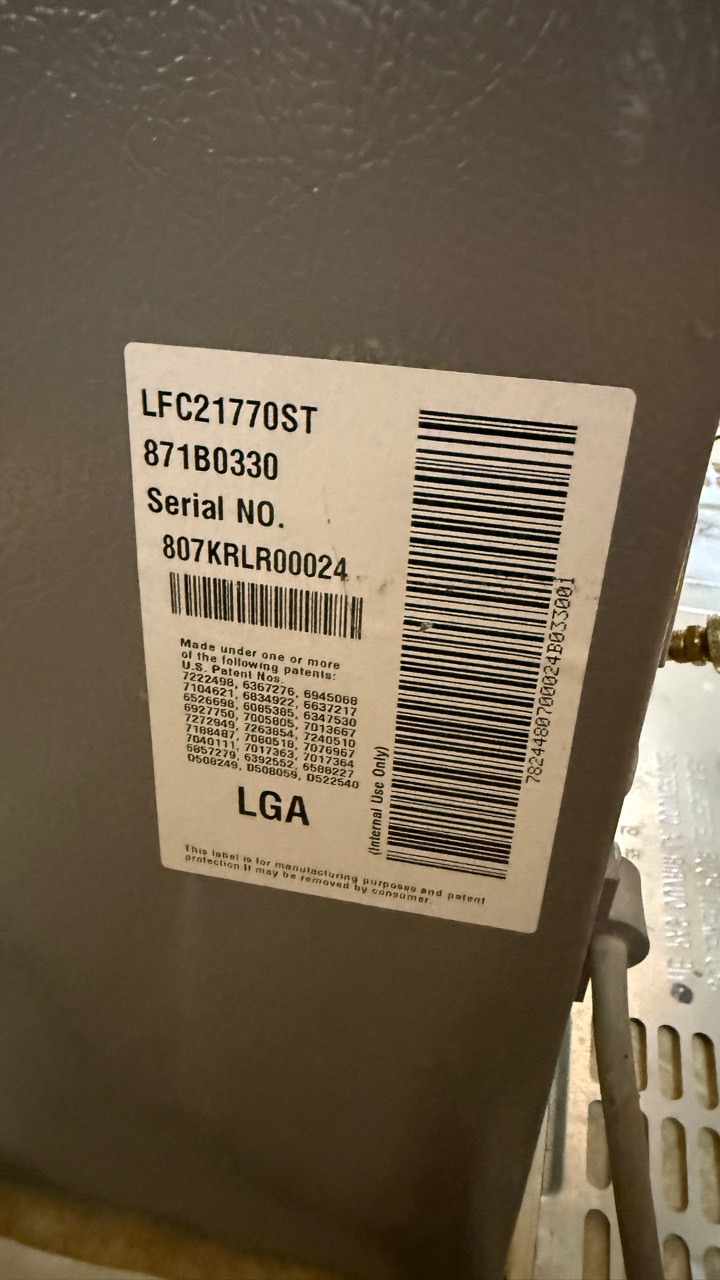 LG refrigerator model LFC21770ST serial 807KRLR00024 label in San Leandro CA