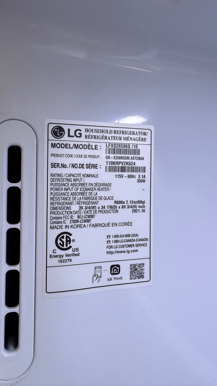 LG refrigerator model LFXS26596S 10 serial 110KRPV2K624 label in Dublin CA