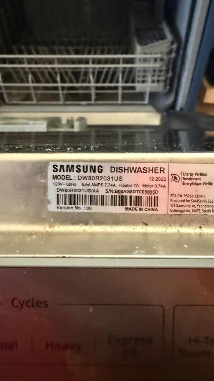 Samsung dishwasher model DW80R2031US AA serial B08AG8DTC03096D label in Pleasanton CA