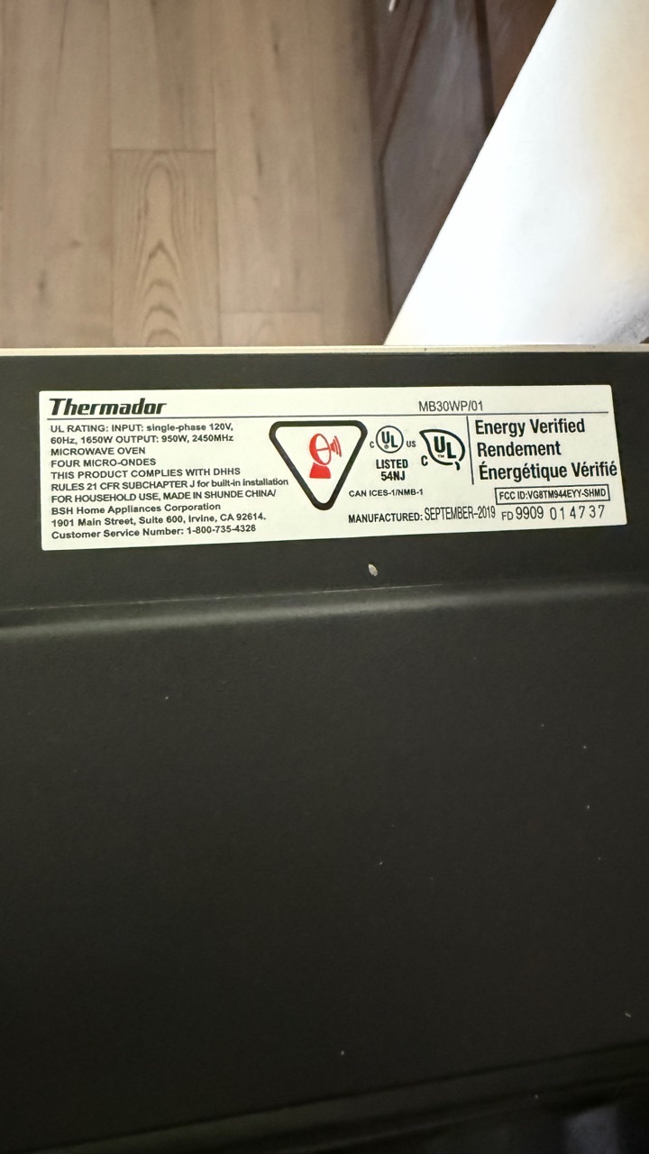 Thermador microwave model MB30WP/01 FD 9909 identification label in Alamo CA