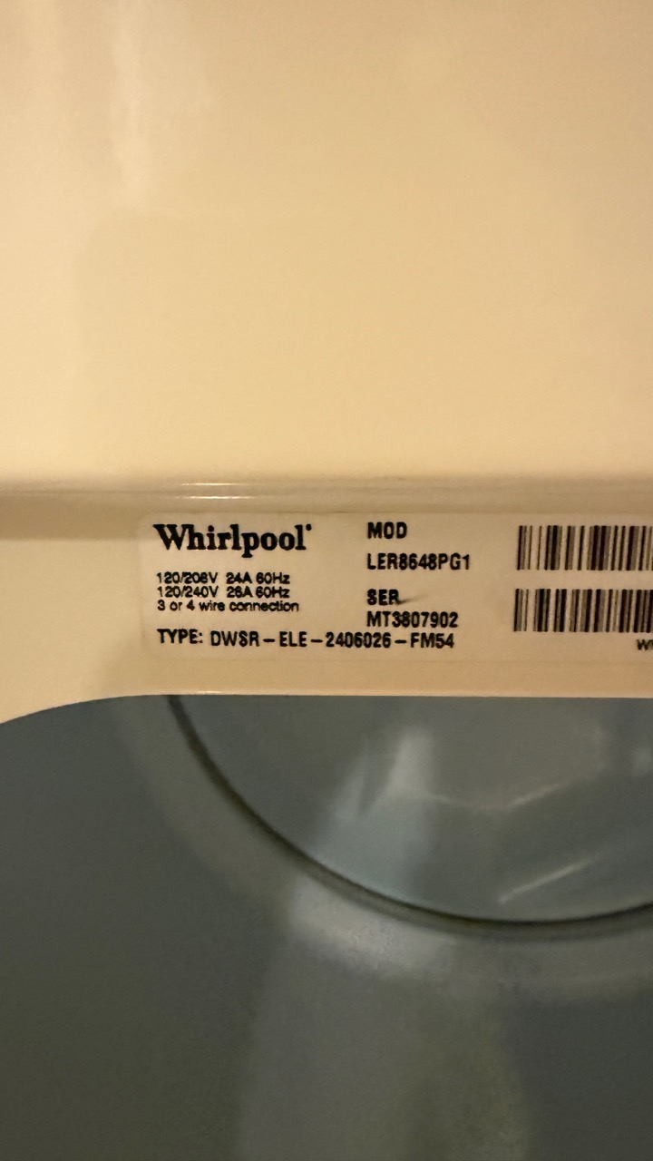 Whirlpool dryer model LER8648PG1 serial MT3807902 label in Pleasanton CA
