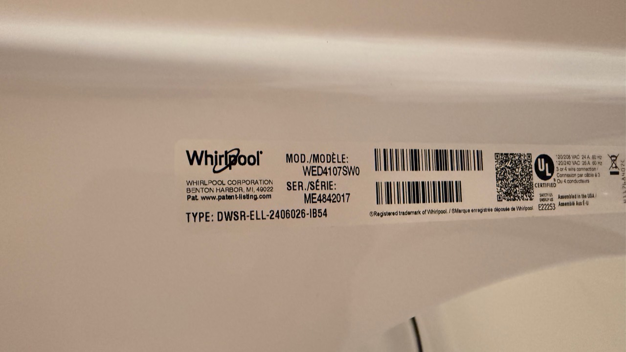 Whirlpool dryer model WED4107SW0 serial ME4842017 label in Palo Alto CA