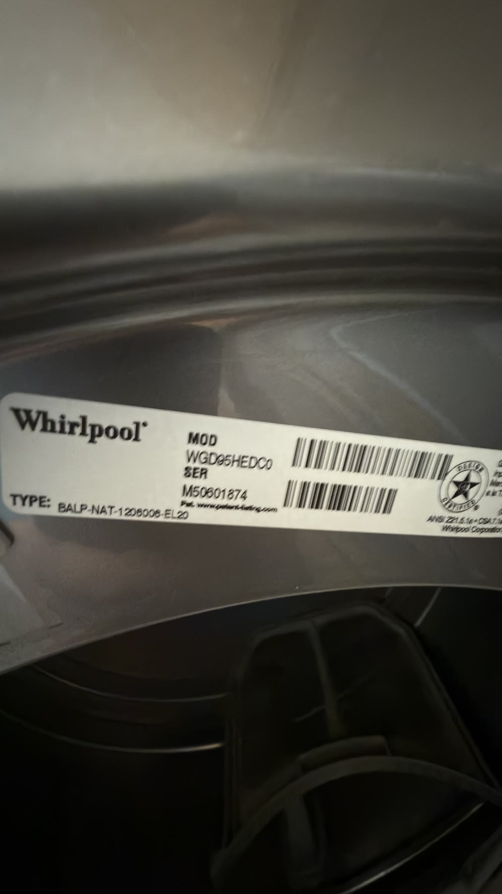 Whirlpool Duet gas dryer model WGD95HEDC0 serial M50501874 label in Union City CA