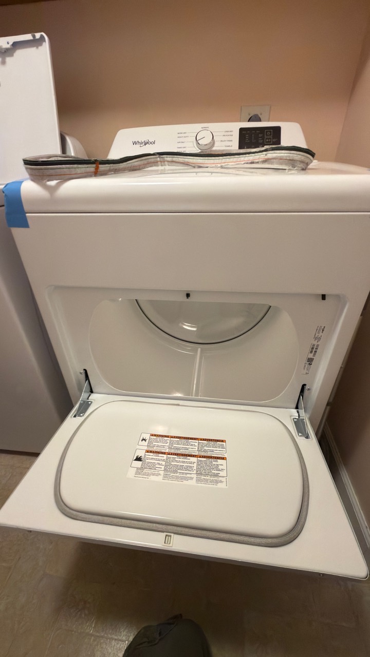 Whirlpool electric dryer in Palo Alto with rear drum seal removed for diagnosis